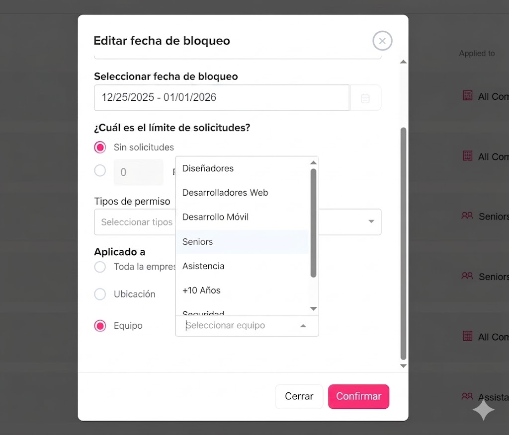 Captura de pantalla de un formulario modal de interfaz de usuario titulado "Editar fecha de bloqueo" en español.