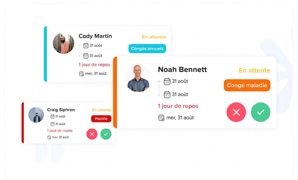 Interface de gestion des congés affichant plusieurs demandes d’absence en attente avec options d’approbation ou de refus pour les managers.
