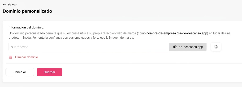 Una captura de pantalla de la interfaz de usuario de una aplicación que muestra la página de configuración "Dominio personalizado" en español, con campos para información del dominio, una dirección web de marca, una opción para eliminar el dominio y botones para cancelar o guardar.