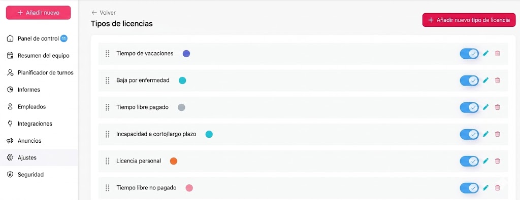 Una captura de pantalla de una interfaz web en español que muestra una lista de tipos de licencias como vacaciones y baja por enfermedad, con opciones para editarlas o eliminarlas.