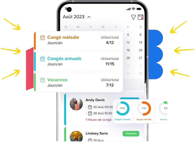Application mobile de gestion des congés affichant les soldes de congés maladie, congés annuels et vacances avec calendrier et suivi des absences des employés.