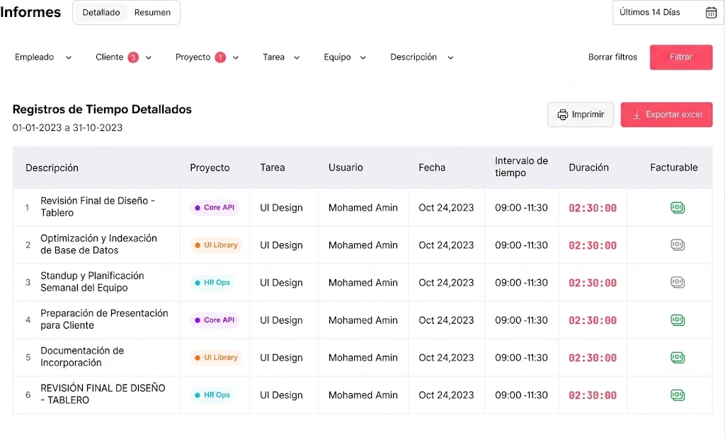 Captura de pantalla del informe de registros de tiempo detallados en Day Off mostrando tareas, proyectos, duración y estado facturable por empleado