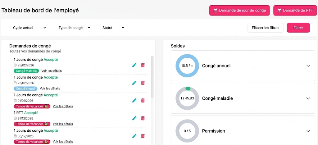 Capture d'écran en français d'un tableau de bord d'entreprise en ligne, montrant l'état des demandes de congé des employés et les soldes de congés restants.