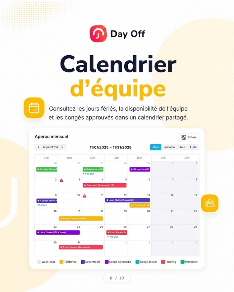 Day Off team calendar screenshot in French showing a shared monthly view of employee leave