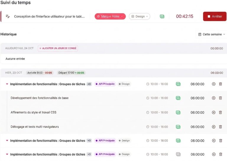 Une capture d'écran d'une interface de tableau de bord d'application web de suivi du temps, entièrement en français. Le titre en haut à gauche est « Suivi du temps ». Une tâche est en cours d'enregistrement en haut avec une minuterie rouge affichant « 00:42:15 », le titre de la tâche est « Conception de l'interface utilisateur pour le tableau de bord client - Feedback... » et des étiquettes « Marque Acme » et « Design ». En dessous, une section « Historique » montre les entrées de « Cette semaine ». Pour « AUJOURD'HUI, 24 OCT », il n'y a « Aucune entrée ». Pour « HIER, 23 OCT », le total est de 06:00:00. Une entrée détaillée intitulée « Implémentation de fonctionnalités : Groupes de tâches » est développée, listant des sous-tâches comme « Développement des fonctionnalités de base », « Affinements du style et travail CSS » et « Débogage et tests multi-navigateurs », chacune avec un temps total de 06:00:00 et des icônes de lecture et de corbeille. Les tags sont de différentes couleurs (rose, violet, gris).