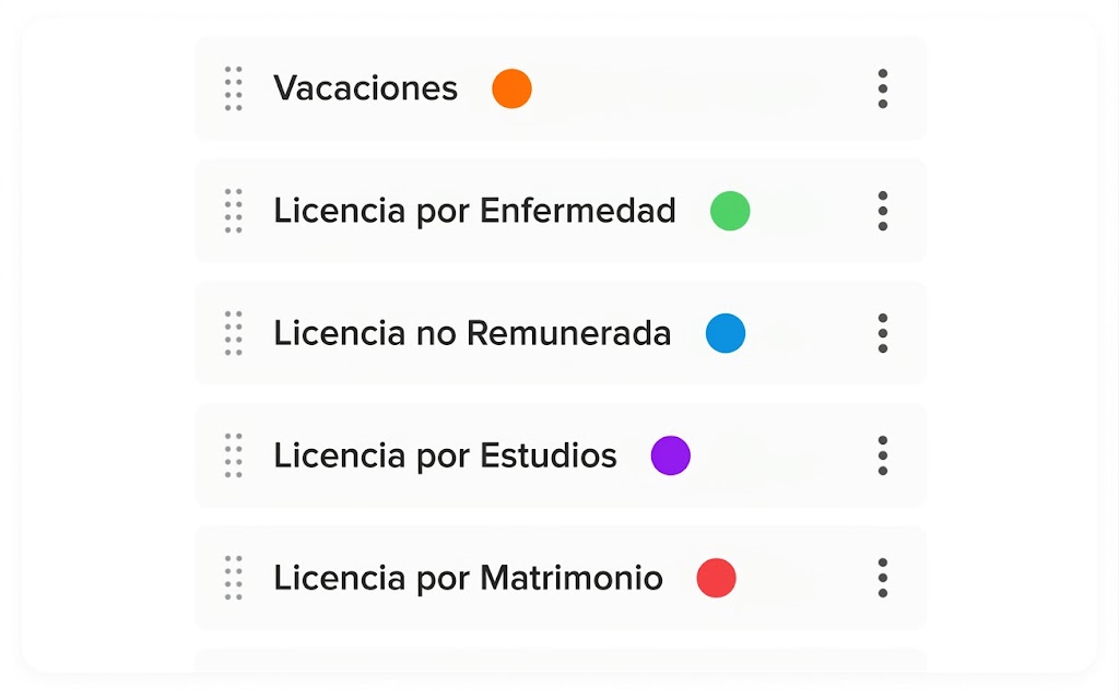 Captura de pantalla de un componente de interfaz de usuario (UI) que muestra una lista editable de cinco tipos de licencias laborales. El fondo es blanco con sombras suaves. Cada elemento de la lista tiene, de izquierda a derecha: un icono de cuadrícula de puntos (controlador de arrastre) en gris claro, el nombre de la licencia en texto negro, un círculo de color sólido como indicador, y un icono de tres puntos verticales (menú de opciones) en gris oscuro. Las licencias mostradas son: 1. Vacaciones (con un círculo naranja); 2. Licencia por Enfermedad (con un círculo verde claro); 3. Licencia no Remunerada (con un círculo azul claro); 4. Licencia por Estudios (con un círculo púrpura); y 5. Licencia por Matrimonio (con un círculo rojo). El diseño es limpio y minimalista.
