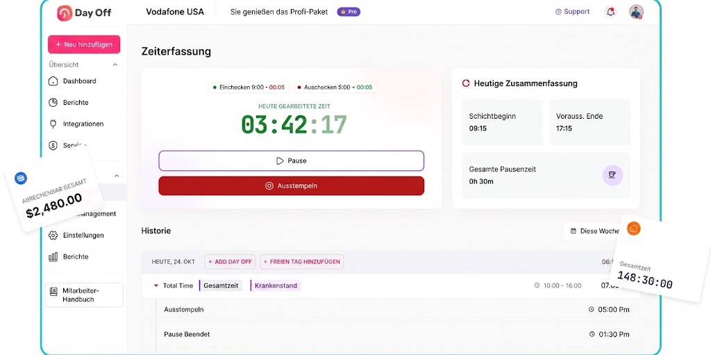 Day Off App Zeiterfassung – Dashboard mit 03:42:17 Arbeitszeit, Ein-/Ausstempeln und Heutige Zusammenfassung für Schicht 09:15–17:15