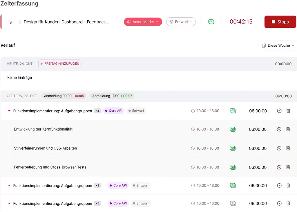 Ein Screenshot einer Zeiterfassungs-Anwendung mit dem Titel „Zeiterfassung“. Oben befindet sich ein aktiver Timer mit der Aufschrift „Stopp“ auf einem roten Button. Darunter wird der „Verlauf“ für „Diese Woche“ angezeigt. Für „Heute, 24. Okt.“ wird „Keine Einträge“ gelistet. Für „Gestern, 23. Okt.“ sind mehrere Zeiteinträge für „Funktionsimplementierung: Aufgabengruppen“ aufgeführt, aufgeteilt in Unteraufgaben wie „Entwicklung der Kernfunktionalität“, „Stilverfeinerungen und CSS-Arbeiten“ sowie „Fehlerbehebung und Cross-Browser-Tests“. Jeder Eintrag zeigt eine Dauer von 6 Stunden.