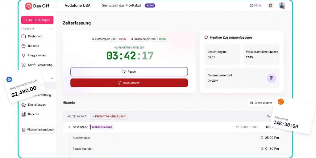 Day Off Zeiterfassungs-Dashboard mit Echtzeit-Timer (03:42:17), Ein-/Ausstempeln-Funktion, täglicher Zusammenfassung und Verlaufseinträgen inklusive Krankheitsurlaub.