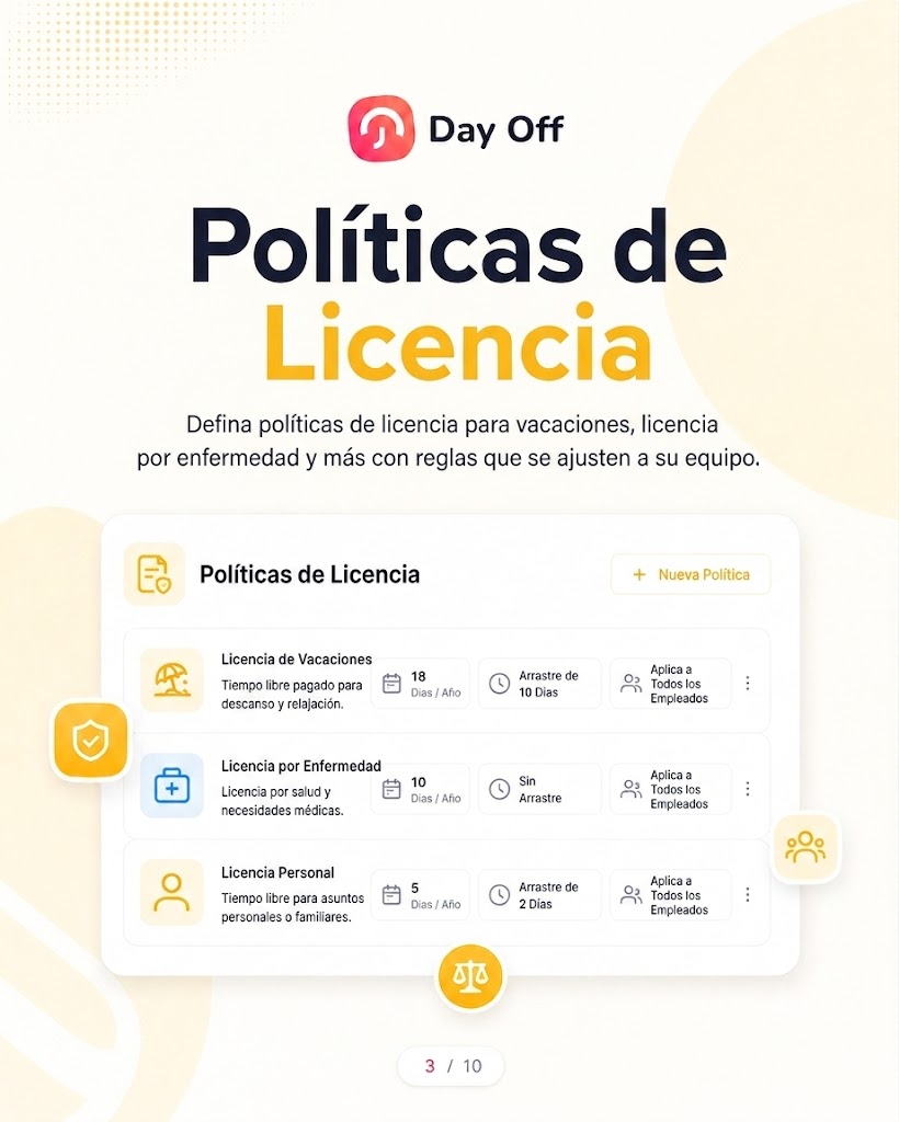 Una infografía promocional en español para la plataforma de gestión de tiempo libre "Day Off". En la parte superior está el logotipo de la empresa y, a continuación, el texto principal "Políticas de Licencia" seguido del subtítulo "Defina políticas de licencia para vacaciones, licencia por enfermedad y más con reglas que se ajusten a su equipo". El centro de la imagen muestra una captura de pantalla detallada de la interfaz del software que incluye una tarjeta de "Políticas de Licencia". Esta tarjeta presenta un panel con tres ejemplos de tipos de licencia: "Licencia de Vacaciones", "Licencia por Enfermedad" y "Licencia Personal". Cada tipo de licencia tiene iconos claros y detalles detallados que indican los días asignados por año, las reglas de arrastre de días y a quiénes aplica la política (en este caso, "Aplica a Todos los Empleados"). Hay un botón para "+ Nueva Política" y menús desplegables para editar. Varios iconos adicionales flotantes, como un escudo, personas y una balanza, se distribuyen alrededor de la pantalla para representar seguridad, equipo y justicia. La estética general es limpia, moderna y profesional.