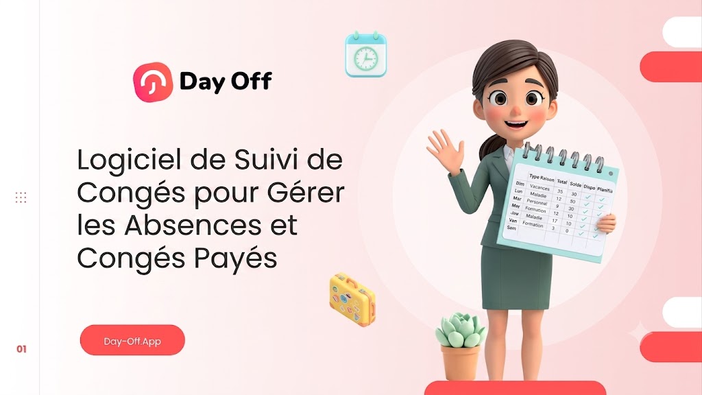 Logiciel de suivi des congés payés, Une illustration en 3D sur fond rose clair présentant le logiciel « Day Off ». À gauche, le texte principal en noir indique : « Logiciel de Suivi de Congés pour Gérer les Absences et Congés Payés ». À droite, un personnage féminin de style dessin animé en costume vert sourit, salue de la main et tient un grand calendrier de suivi avec des jours de la semaine et des types de congés en français (Vacances, Maladie, Personnel, Formation). Des icônes de calendrier en 3D, une valise de voyage et une petite plante en pot décorent la scène. En bas à gauche, un bouton rouge affiche l'adresse « Day-Off.App ».