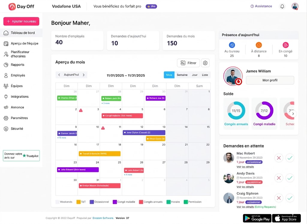 Fonctionnalité de l'application Day Off pour le suivi des congés, la gestion des RTT et la planification des absences – Day OffDay Off