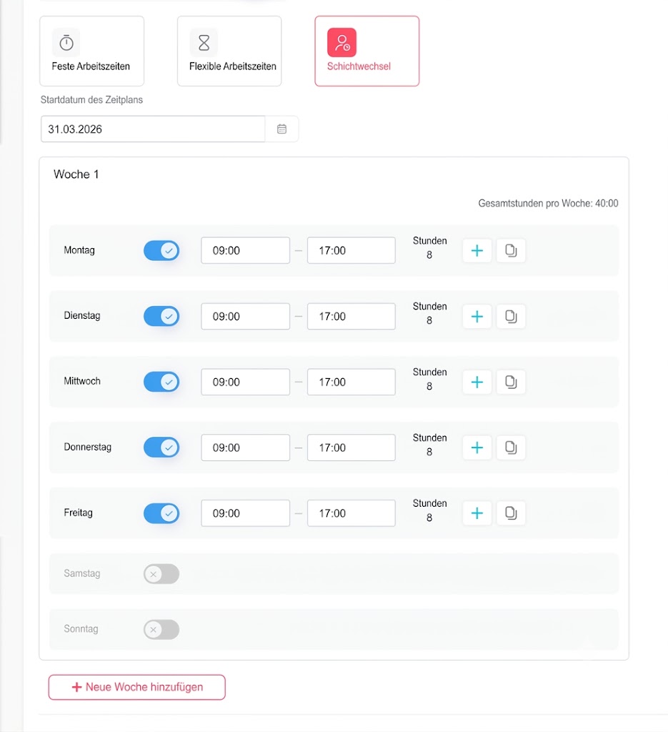 Arbeitszeitplan-Konfiguration im Day-Off-App-Dashboard