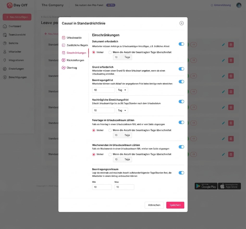 Ein Benutzeroberflächen-Screenshot eines modalen Fensters mit dem Titel „Causal in Standardrichtlinie“