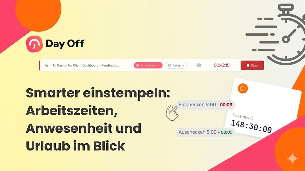 Online-Mitarbeiter-Stempeluhr: Arbeitszeiten, Anwesenheit und Urlaub an einem Ort verwalten 8 Day Off Dashboard zur Mitarbeiter-Stempeluhr mit Zeiterfassung, Anwesenheitsverfolgung und Urlaubsverwaltung in einer einzigen Ansicht.