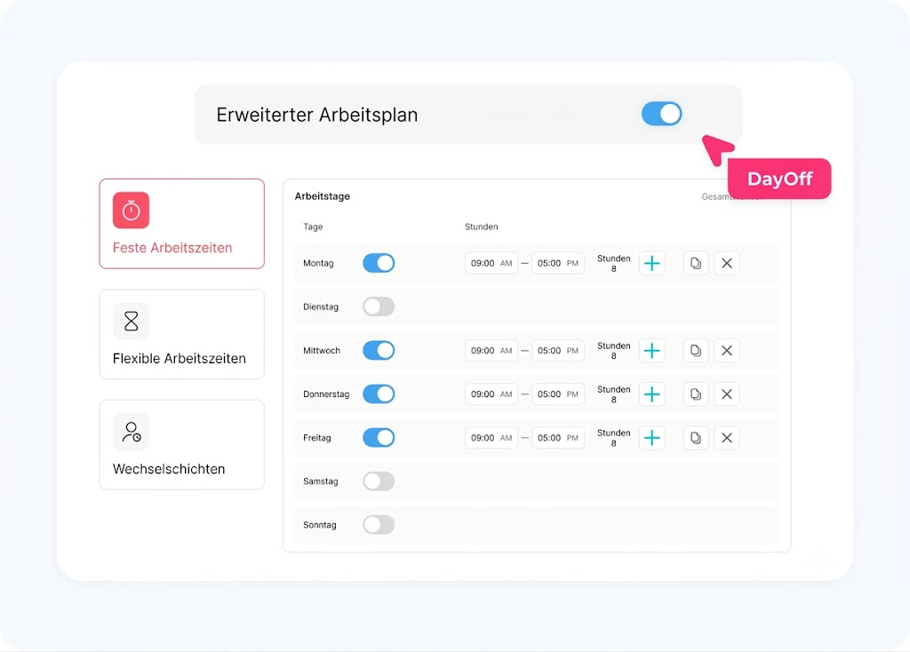 Screenshot einer Benutzeroberfläche zur Arbeitsplanung in der App „Day Off“. Gezeigt wird das Menü „Erweiterter Arbeitsplan“ mit Auswahlmöglichkeiten für feste Arbeitszeiten, flexible Arbeitszeiten und Wechselschichten sowie einer detaillierten Übersicht der Wochentage zur Einstellung der Arbeitsstunden.
