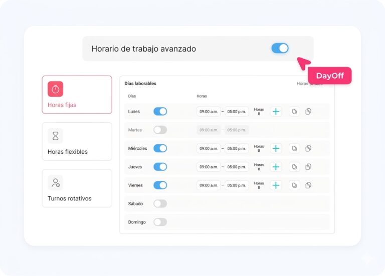 Configuración de Horario de trabajo avanzado en Day Off App – Opciones de horas fijas y flexibles con días laborables y horarios por día