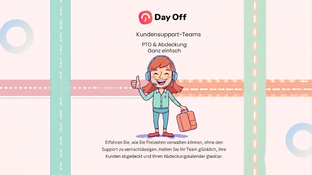 PTO für Kundenservice Teams Eine Infografik für „Day Off“ auf hellem Hintergrund mit pastellfarbenen Akzenten. Mittig ist eine lächelnde Kundenservice-Mitarbeiterin mit Headset abgebildet