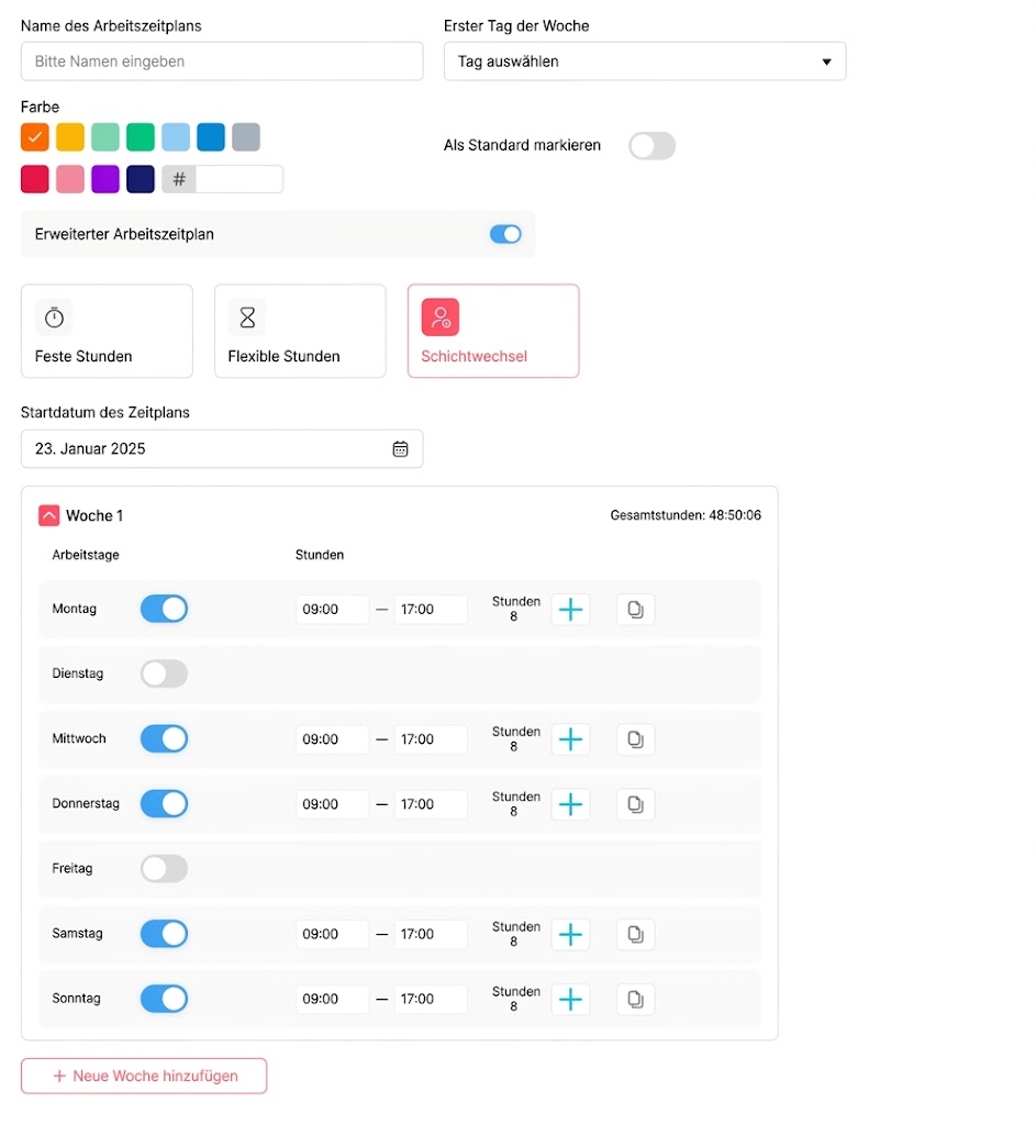 Day Off Formular zum Anlegen eines neuen Arbeitszeitplans mit Feldern für Name, Wochenstart, Farbe und Schichttyp (Feste Stunden, Flexible Stunden, Schichtwechsel).