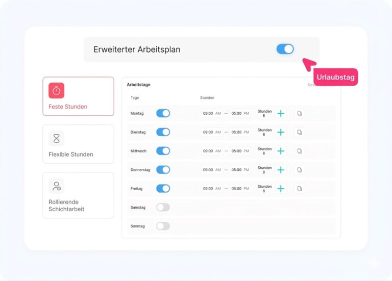 German advanced work schedule interface (Erweiterter Arbeitsplan) showing Fixed Hours (Feste Stunden), Flexible Hours (Flexible Stunden), and Rotating Shifts (Rollierende Schichtarbeit) with Monday–Friday configured to 09:00 AM–05:00 PM.