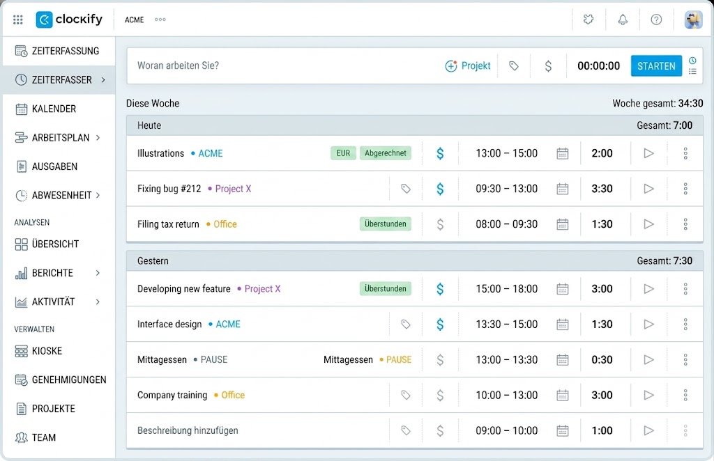 Screenshot des Clockify Zeiterfassungs-Dashboards in der deutschen Benutzeroberfläche mit Zeiteinträgen, Projektzuweisungen und wöchentlicher Gesamtzeit.