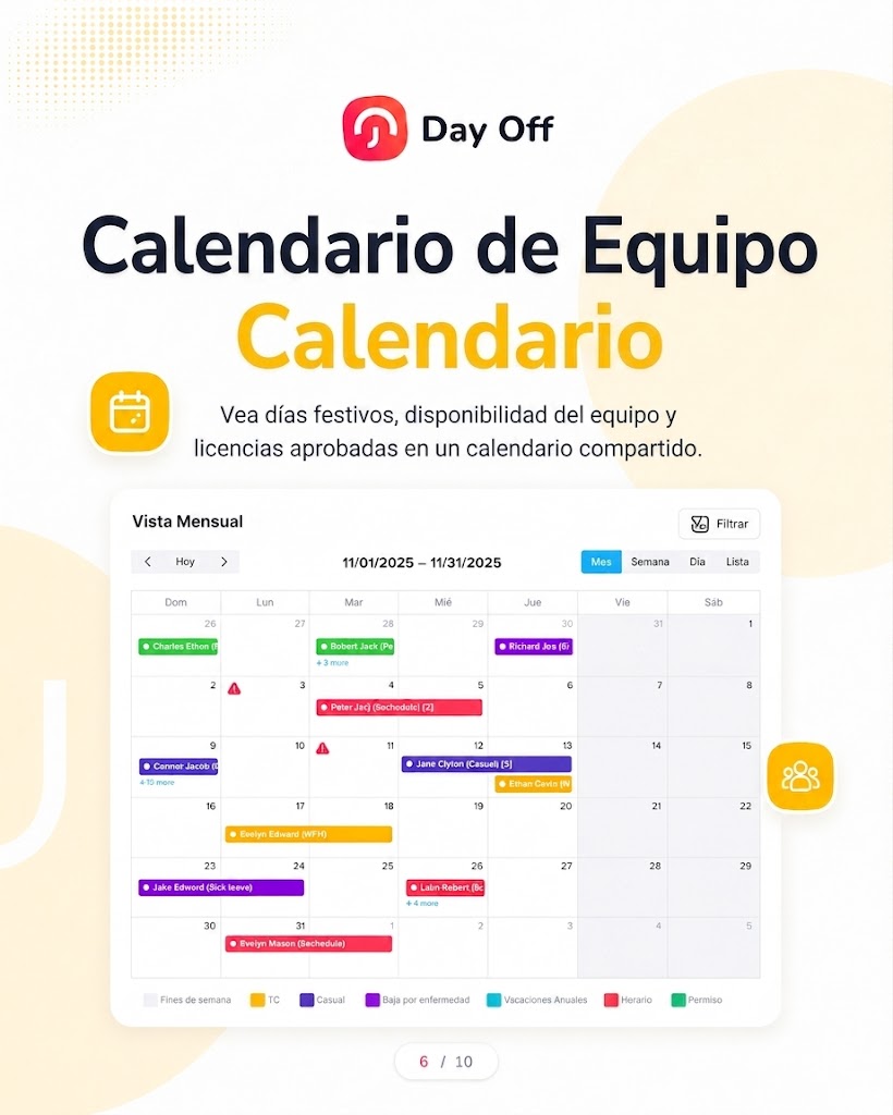 Infografía del Calendario de Equipo de la aplicación Day Off, que muestra una vista mensual del calendario compartido con eventos de ausencias codificados por colores para diferentes tipos de licencia como vacaciones anuales, baja por enfermedad, casual y permiso, con navegación por mes, semana, día y lista.
