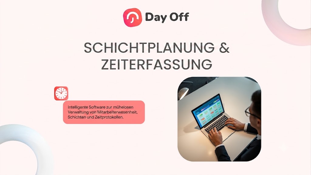 Schichtplanung und Zeiterfassungssoftware für eine bessere Teamplanung 9 Ein hellrosa gestalteter Werbebanner der Marke „Day Off“ mit dem Titel „SCHICHTPLANUNG & ZEITERFASSUNG“ in großen grauen Großbuchstaben. Links befindet sich eine lachsfarbene Textbox mit einem Uhren-Symbol und der Aufschrift „Intelligente Software zur mühelosen Verwaltung von Mitarbeiterwesenheit, Schichten und Zeitprotokollen.“. Rechts ist ein quadratisches Bild mit abgerundeten Ecken zu sehen, das einen Mann in der Draufsicht zeigt, der an einem Laptop arbeitet.