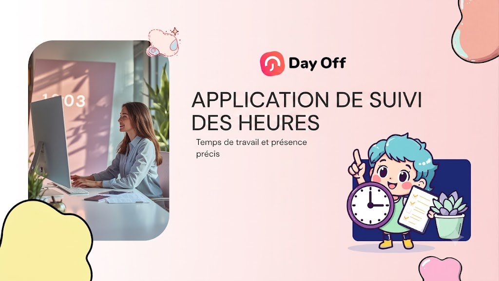 Une bannière publicitaire sur fond rose pâle pour l'application « Day Off ». À gauche, une femme sourit tout en travaillant sur un ordinateur de bureau dans un cadre lumineux. Au centre, le texte indique en grand « APPLICATION DE SUIVI DES HEURES », suivi de la mention « Temps de travail et présence précis ». À droite, une illustration de style dessin animé montre un personnage aux cheveux bleus tenant une horloge et une liste de tâches à cocher.