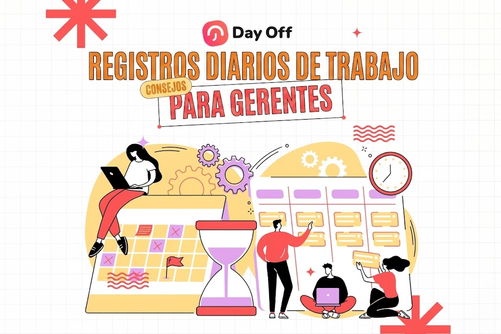 Spanish-language Day Off promotional infographic titled "Registros Diarios de Trabajo – Consejos para Gerentes" (Daily Work Logs – Tips for Managers), featuring illustrated icons of gears, a clock, a calendar, and a woman working on a laptop on a white background.
