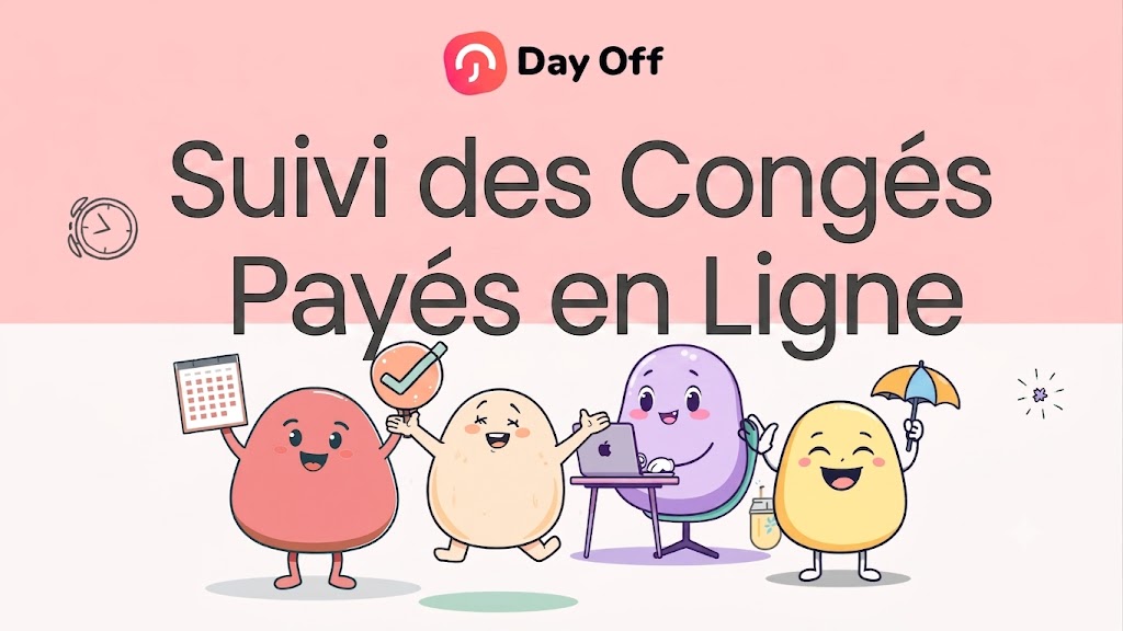 Illustration colorée et joyeuse de l’application Day Off, un Outil de suivi des congés payés. Au centre, le texte « Suivi des Congés Payés en Ligne » apparaît en grandes lettres grises. En dessous, quatre personnages souriants en forme de gouttes célèbrent la gestion des congés : l’un tient un calendrier, un autre affiche une validation, un troisième travaille sur un ordinateur portable, et le dernier tient un parapluie sous des confettis, sur un arrière-plan rose doux et blanc épuré.