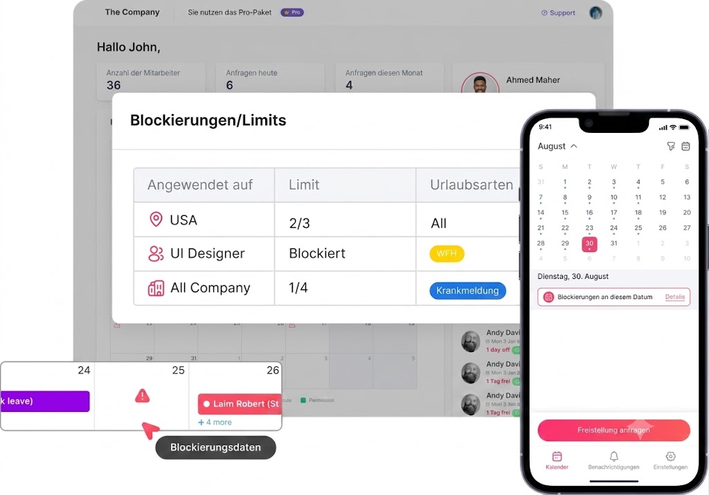 die ein Desktop-Interface und ein Smartphone mit der vollständig auf Deutsch übersetzten Benutzeroberfläche zeigt. Im zentralen Desktop-Fenster befindet sich die Tabelle „Blockierungen/Limits“ mit Spalten für „Angewendet auf“, „Limit“ und „Urlaubsarten“.