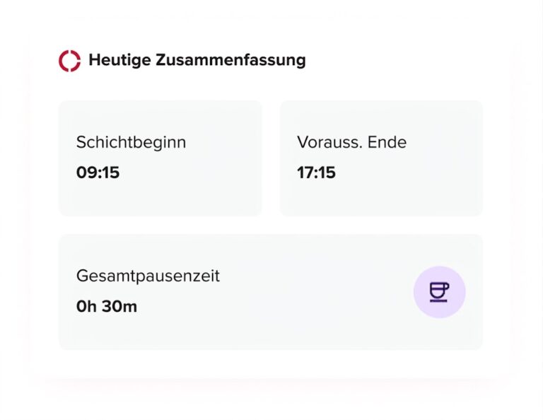Day Off App – Heutige Zusammenfassung mit Schichtbeginn 09:15 und voraussichtlichem Ende 17:15