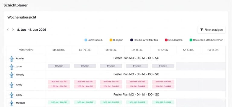Day Off App Schichtplaner – Wochenübersicht der Mitarbeiterschichten vom 8. bis 15. Juni 2026 mit verschiedenen Zeitplänen