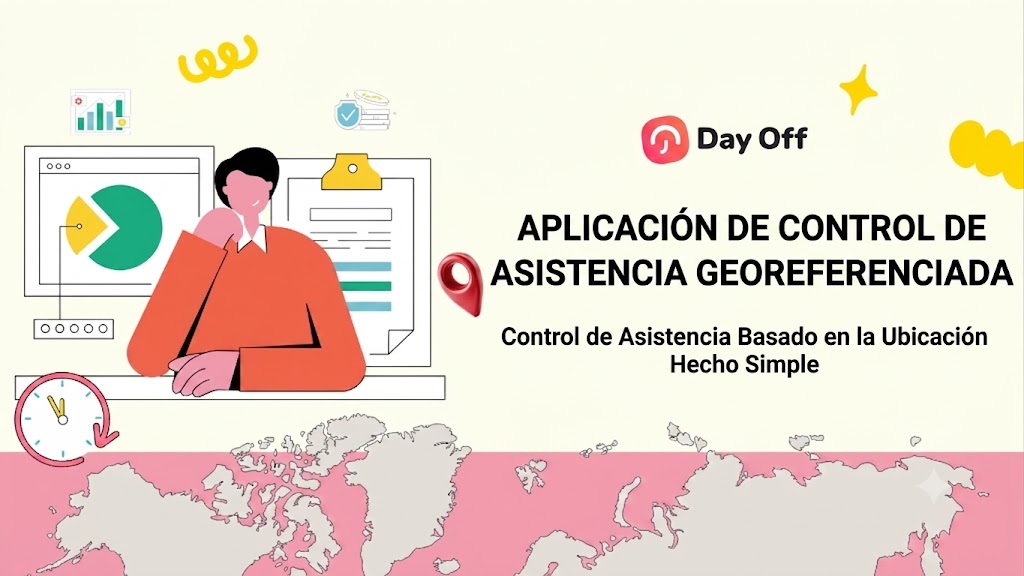 Banner de Day Off en español sobre una aplicación de control de asistencia georeferenciada, con ilustraciones de ubicación, reloj, mapa y panel de seguimiento para registrar entradas basadas en la ubicación.
