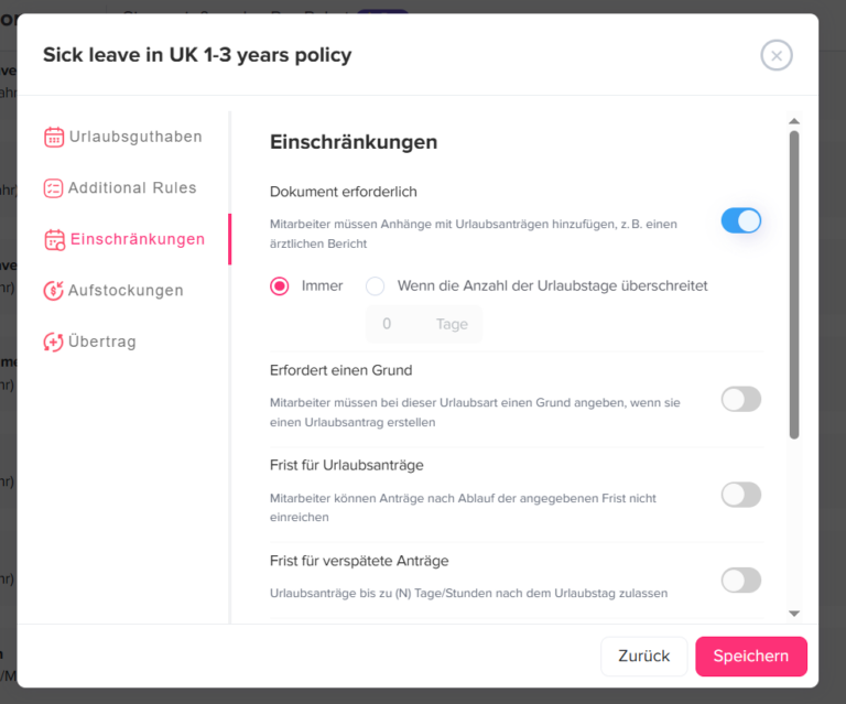 Day Off app screenshot showing the Sick Leave in UK 1-3 years policy modal opened on the Einschränkungen (Restrictions) tab in German. Settings include Dokument erforderlich (Requires document) enabled, with options for Immer (Always) selected, and additional toggles for Erfordert einen Grund (Requires a reason), Frist für Urlaubsanträge (Request notice period), and Frist für verspätete Anträge (Late submission period).