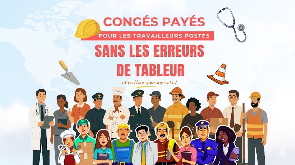 Illustration de travailleurs postés de différents secteurs (santé, construction, sécurité, transport et services) avec le texte « Congés payés pour les travailleurs postés sans les erreurs de tableur ».