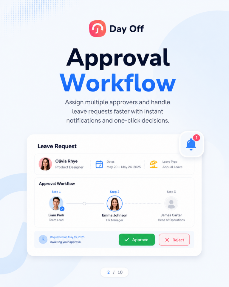 Day Off app feature graphic for the Approval Workflow, displaying the Day Off logo and bold text reading "Approval Workflow" on a branded background, illustrating the leave request and manager approval process.
