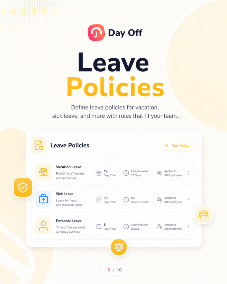 Day Off app feature graphic for Leave Policies, showing the Day Off logo and bold text reading "Leave Policies" on a branded background, representing the ability to create and customize PTO and absence policy rules.