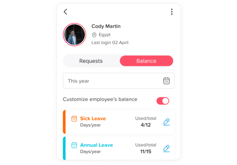 A screenshot from the employee profile showing his balance for each leave type