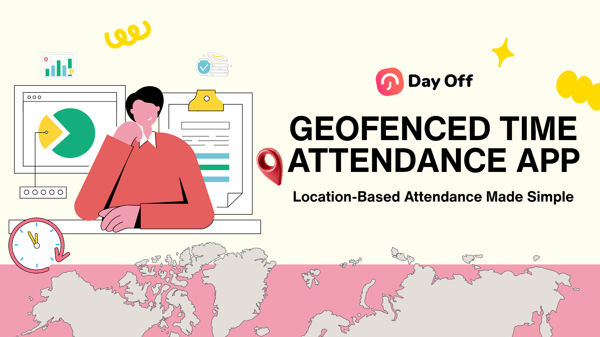 Day Off blog banner showing a geofenced time attendance app concept with a location pin, clock, world map, and attendance dashboard illustration for location-based employee clock-ins.