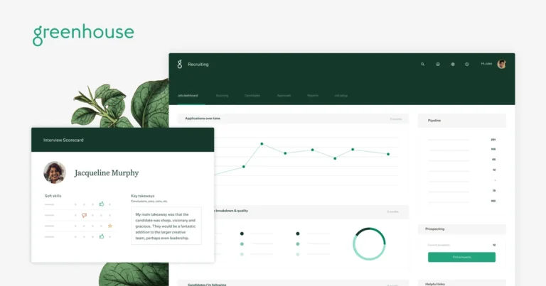 Screenshot of Greenhouse recruiting software showing the interview scorecard, candidate applications over time chart, and pipeline views for managing the hiring process