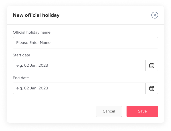 Screenshot of the Day Off app showing the dialog to add a new official holiday, with fields for the holiday name, start date, and end date