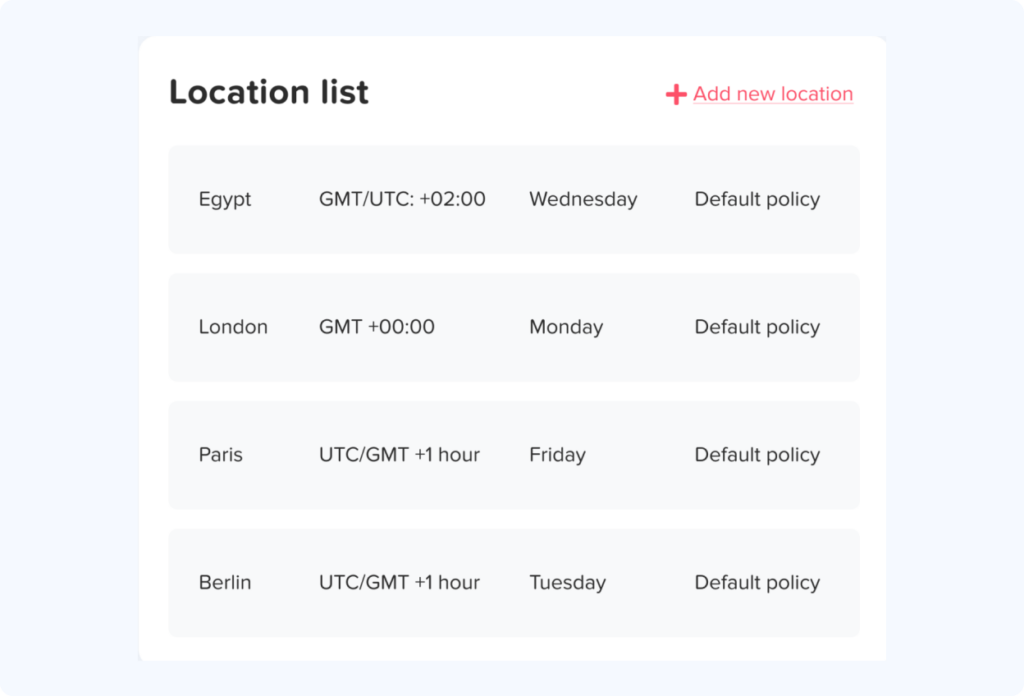 Multiple office locations list showing Egypt (GMT/UTC +02:00, Wednesday), London (GMT +00:00, Monday), Paris (UTC/GMT +1, Friday), and Berlin (UTC/GMT +1, Tuesday), each with Default policy.