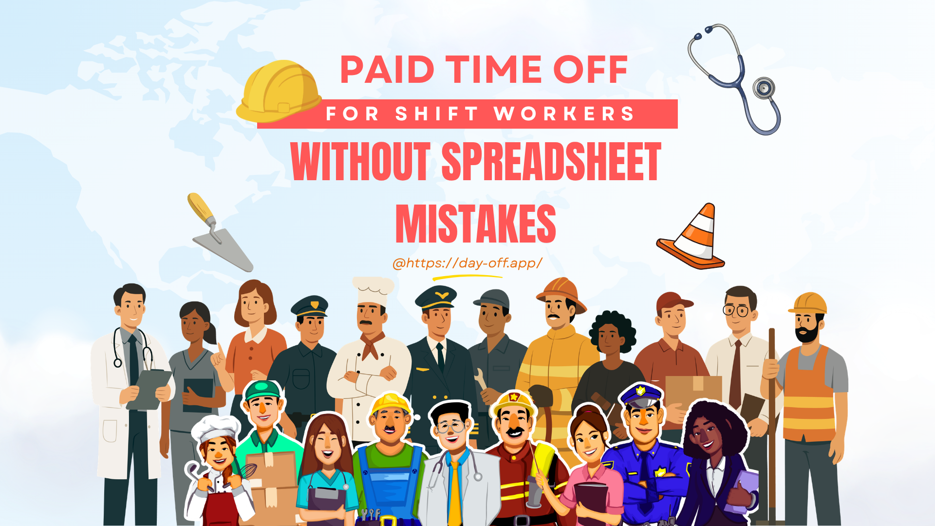 Illustrated blog banner showing different shift workers with the text “Paid Time Off for Shift Workers Without Spreadsheet Mistakes,” representing PTO tracking for changing schedules and shift-based teams.