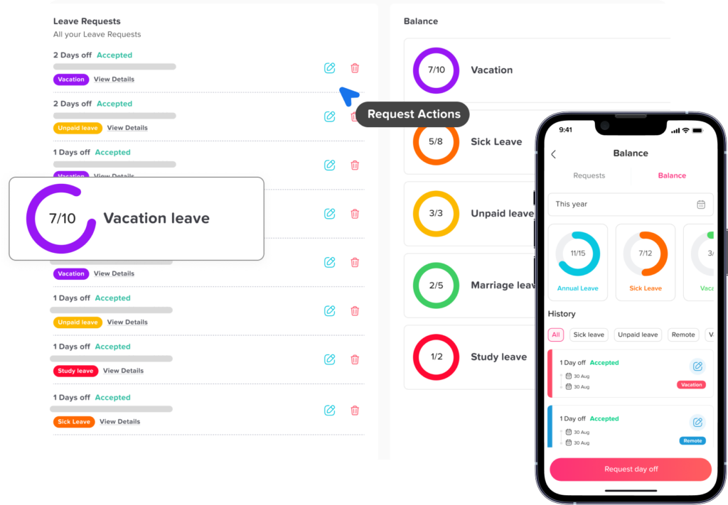 Day Off app feature showing employee leave tracking, PTO management and absence scheduling – Day OffDay Off