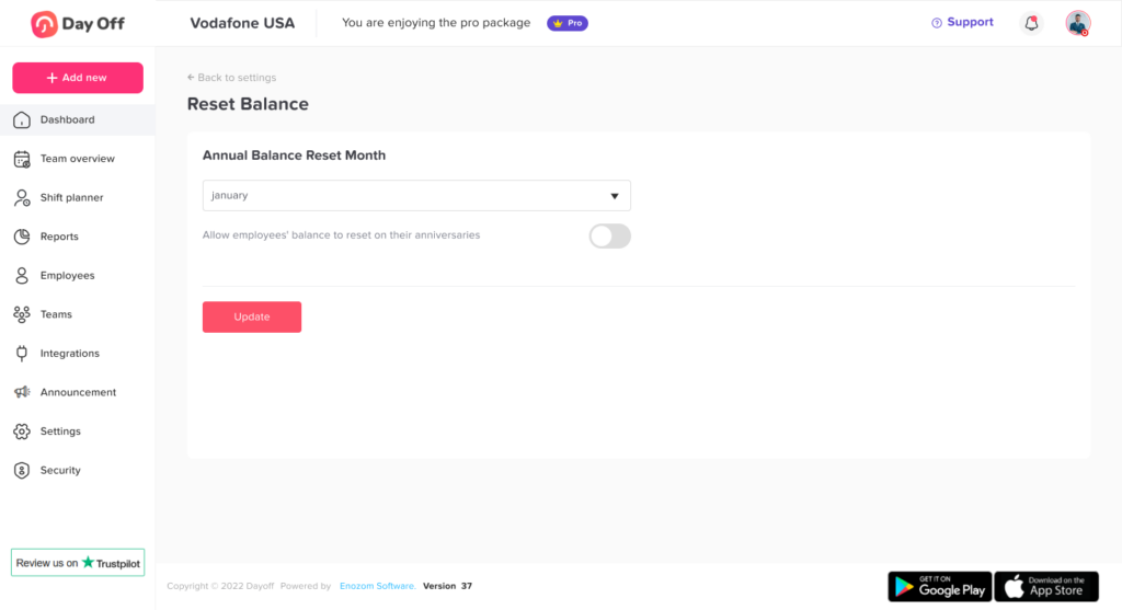 Reset Balance settings in Day Off