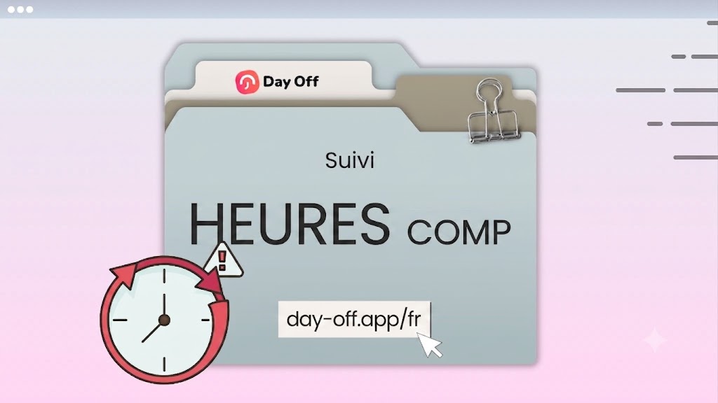 Suivi du temps de récupération : comment gérer équitablement les heures supplémentaires et les congés compensatoires 7 Illustration de style interface web sur fond dégradé rose et violet. Au centre, un dossier de classement gris comporte un onglet avec le logo et le nom « Day Off » inchangés. Sur le dossier, il est inscrit en français « Suivi » puis en grandes lettres « HEURES COMP ».