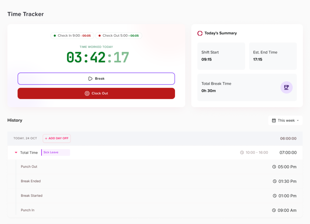 Time tracking interface in Day Off showing work hours, shifts and employee time logs – Day OffDay Off