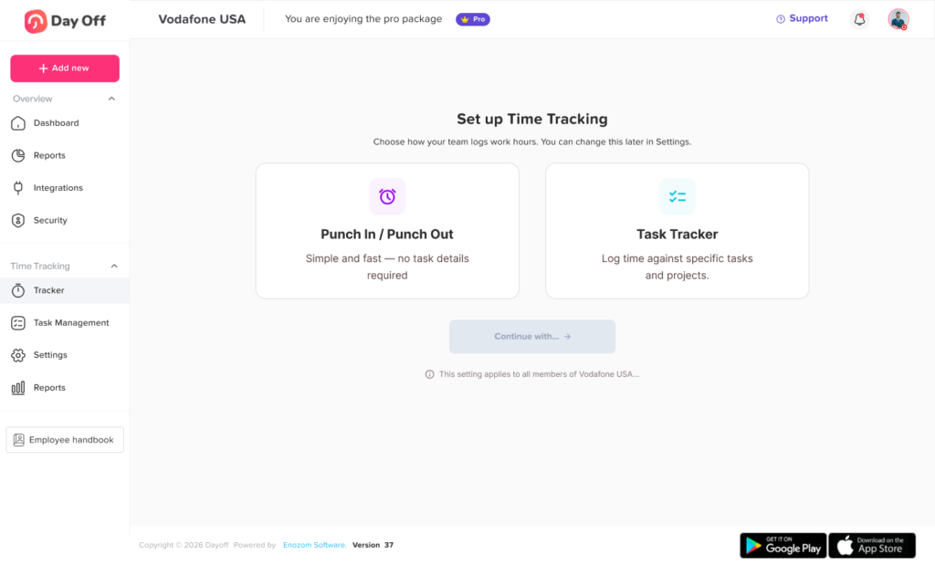 Time tracking interface in Day Off showing work hours, shifts and employee time logs – Day OffDay Off