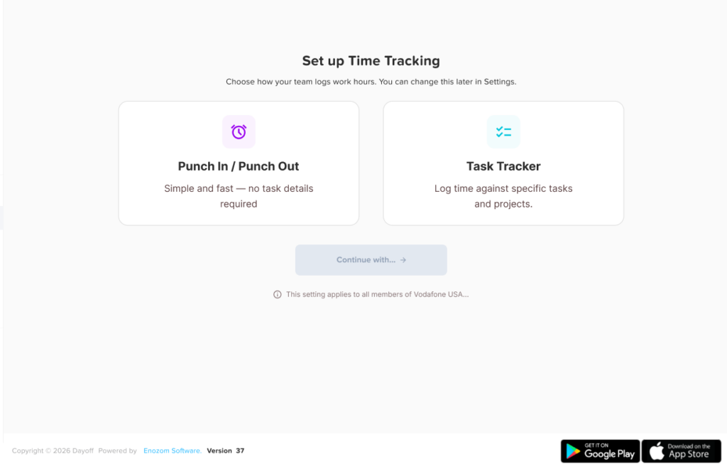 Time tracking interface in Day Off showing work hours, shifts and employee time logs – Day OffDay Off